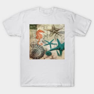 dark academia coastal seashell teal starfish seahorse ocean beach T-Shirt